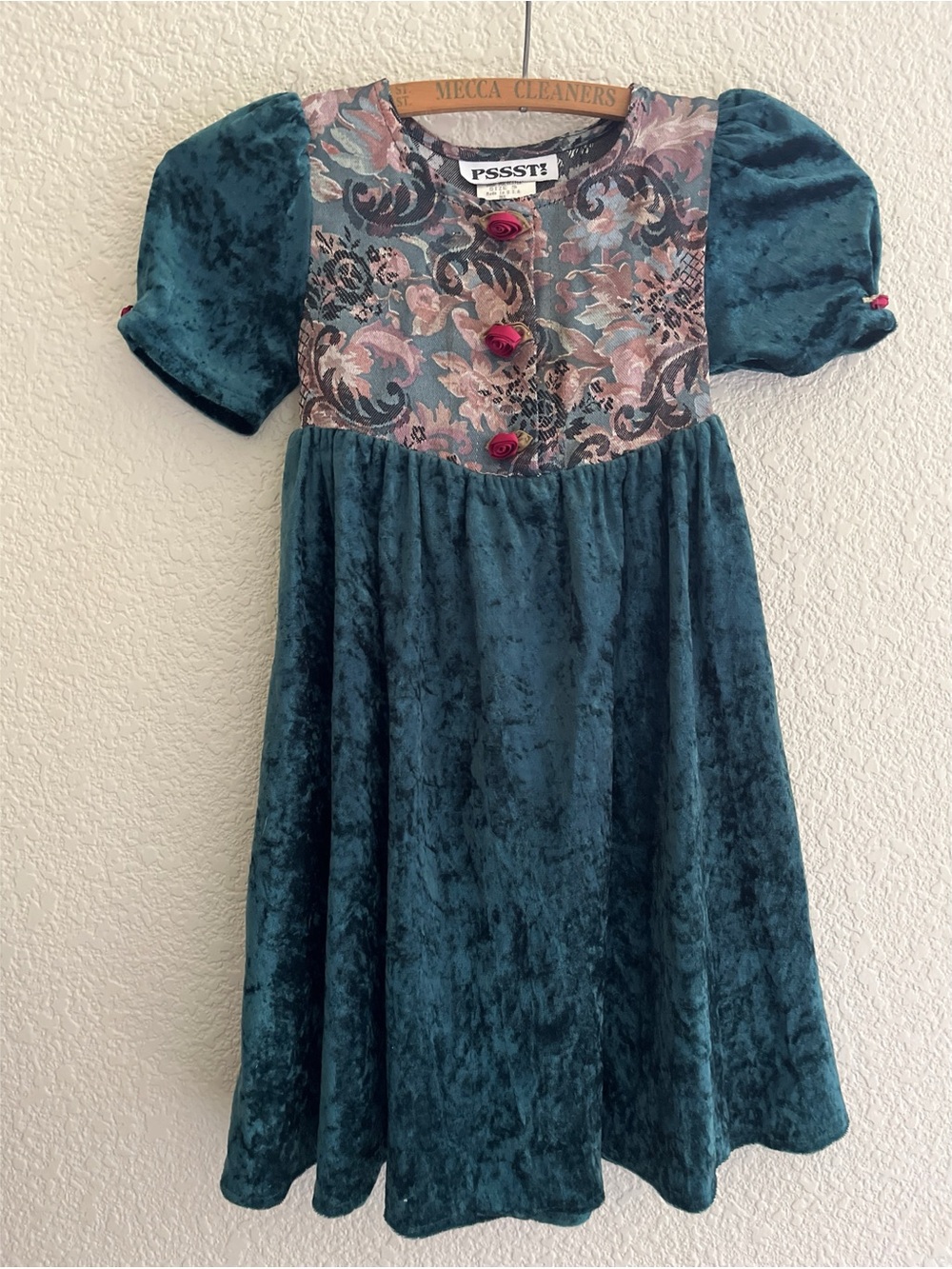 Vintage Pssst! Green Velvet And Rose Dress Girls Size 5
